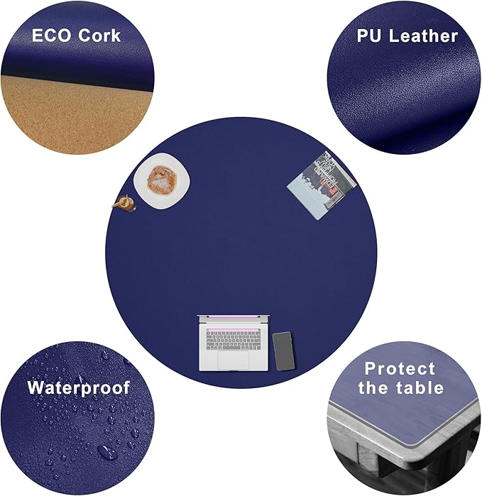 CENNBIE 42 Inches Round Table Pad- Cork & Leather Table Mat - Suitable as Side Dining Coffee Table Cover Protector - Can Be Cut to Fit (30"-42", Blue)