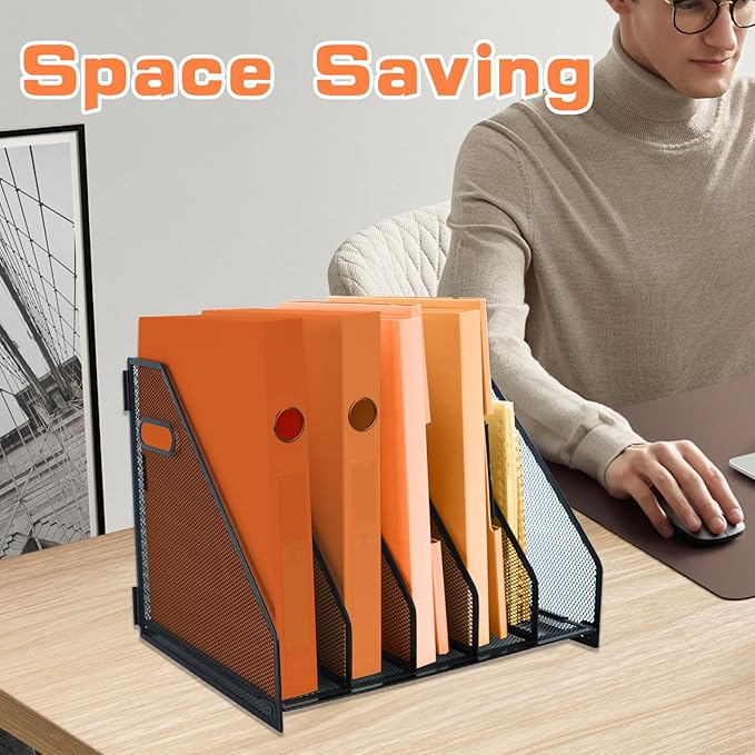Magazine file holder for desk with 5 Vertical Compartments Folder Storage Binder Organizer for Office Home School Organization, Black