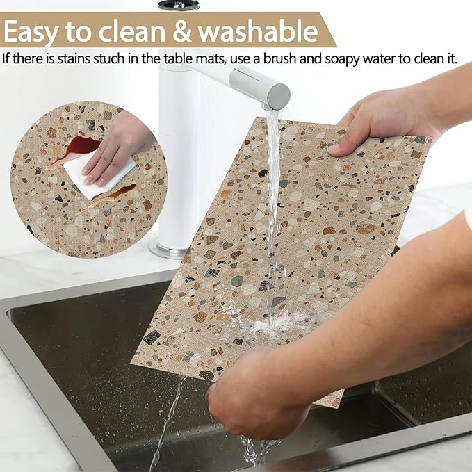 Terrazzo Granito Pattern Linen Placemats Set of 6, Decorative Table Mats 12x18 Inch, Washable Heat Resistant Placemats for Dining Table Kitchen Home Decor