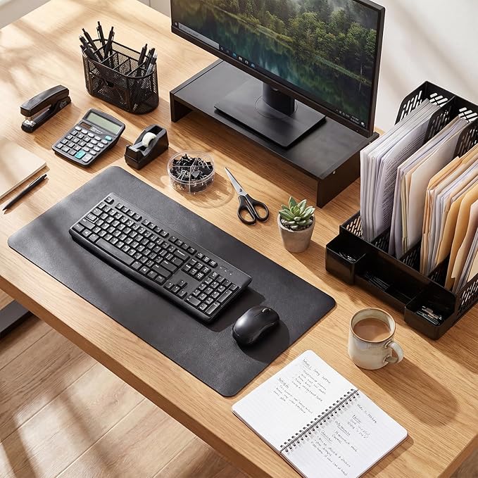Glenmal 12 Pcs 12-in-1 Office Desk Organizer Accessories Set with Desk Pad Protector Computer Riser File Organizer Pen Holder Calculator Scissors Stapler Staples Folder Set Pens Tape Cutter