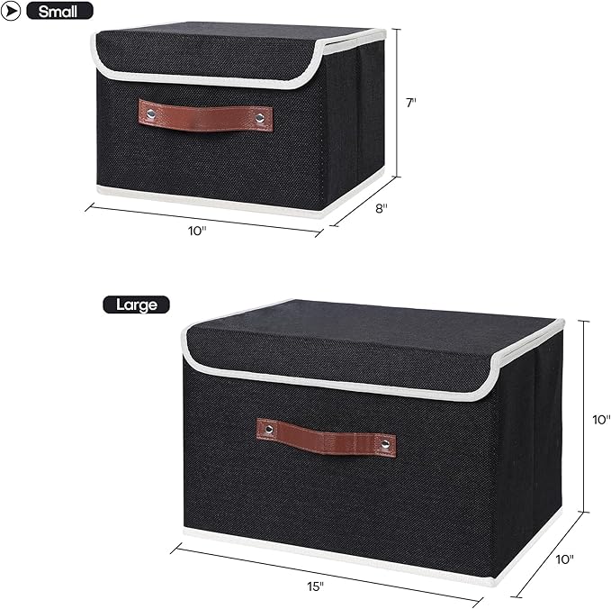ANMINY Storage Bin with Lid Storage Boxes with PU Leather Handles PP Plastic Board Decorative Foldable Lidded Cotton Linen Fabric Home Cubes Baskets Closet Organizer Container - Black, Small Size