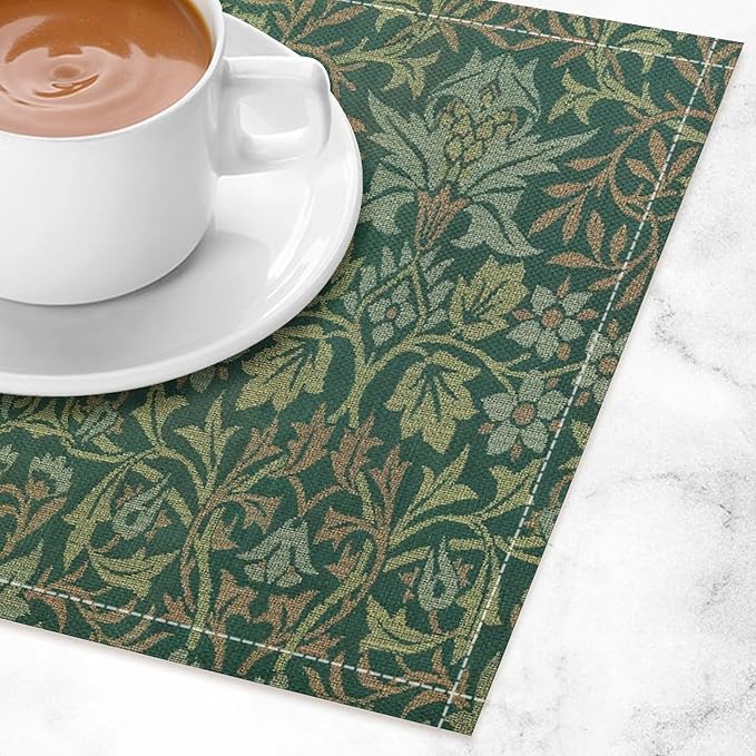 William Morris Floral Placemats Vintage Flower Art Style Boho Chic Retro Floral Linen Washable Table Mats Stain Heat-Resistant Desktop Decor Place Mats for Home Kitchen Dining Party 12x18 in 6 Pcs