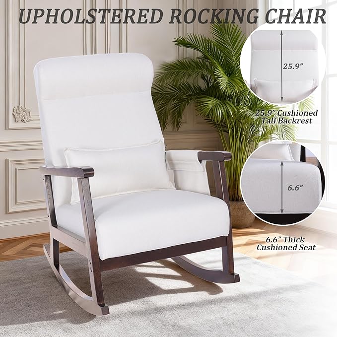 NOBLEMOOD Rocking Chair Indoor with Ottoman, Upholstered Rocking Chair with Lumbar Pillow, Side Pocket, High Back Solid Wood Frame Rocker with Footrest for Living Room