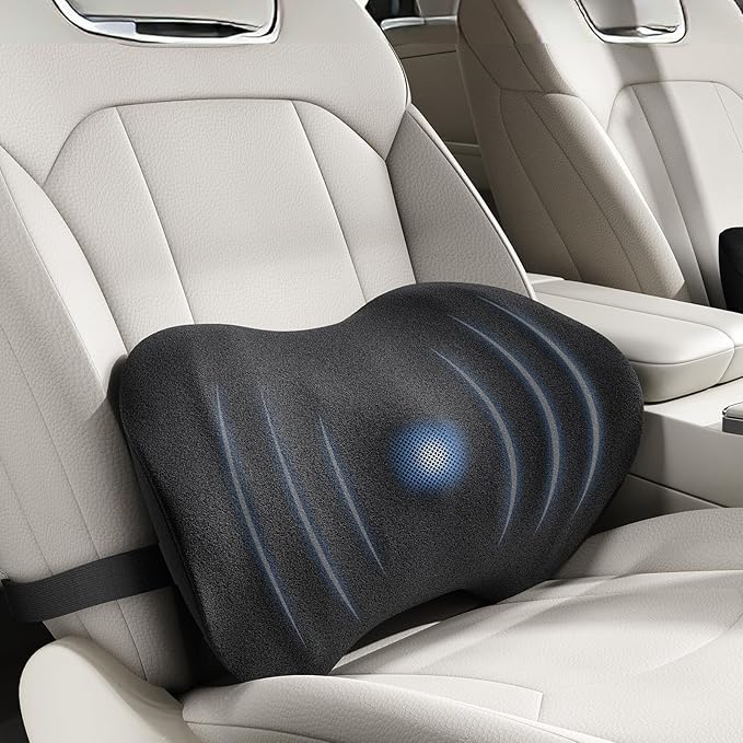 BYMECOST Lumbar Support Pillow for Car, Ergonomic Back Cushion with Strap, Memory Foam Lower Back Support Cushion for Driving, Lumbar Pillow for Pain Relief, for Office Chair, Long Sitting (Black)