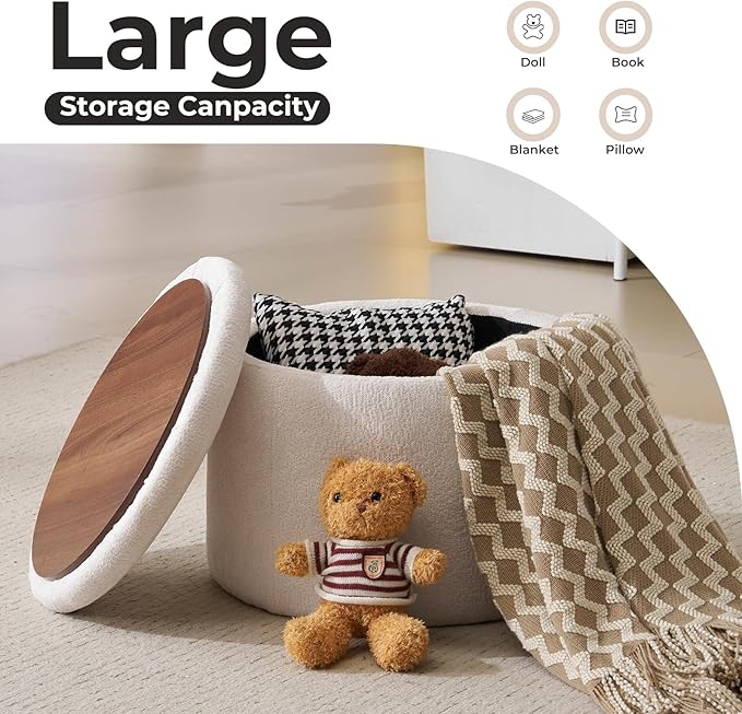 Modern Round Storage Ottoman, Chenille Ottoman Foot Stools, Ottoman Footstool with Removable Lid, Storage Ottoman for Living Room, Multi-Functional Footrest, White