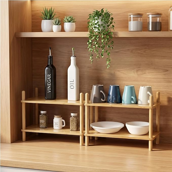 Expandable Bamboo Desktop Organizer Shelf Kitchen Cabinet and Counter Riser Display Shelf for Top of Desk Home Office Bathroom Coffee Table Display Stand (Natural, 2-Tier S)