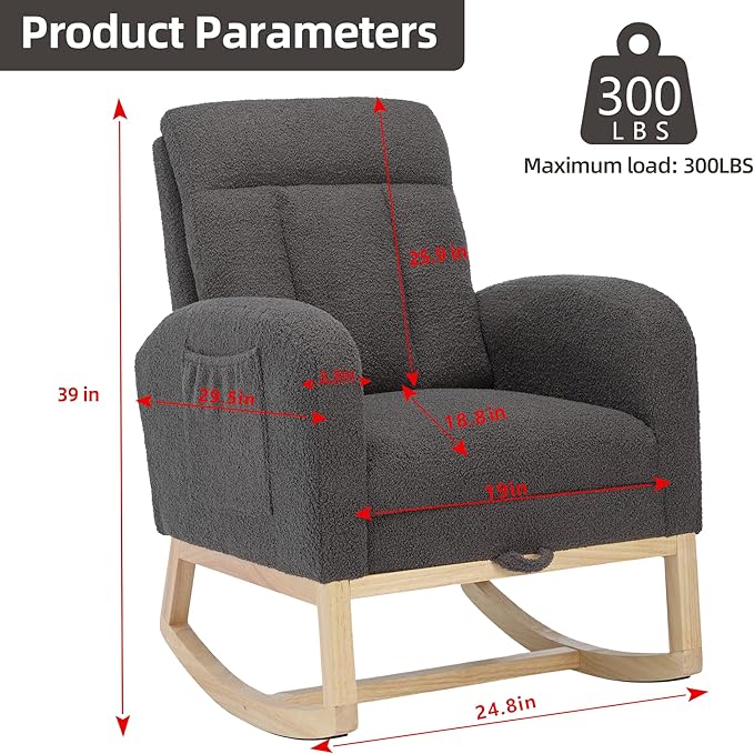 Nursery Rocking Chair with Foot Rest, Teddy Upholstered Nursery Glider Rocker Chair with Solid Wood Legs & 2 Side Pockets Comfy Armchair for Living Room Lounge Bedroom (C-Grey)
