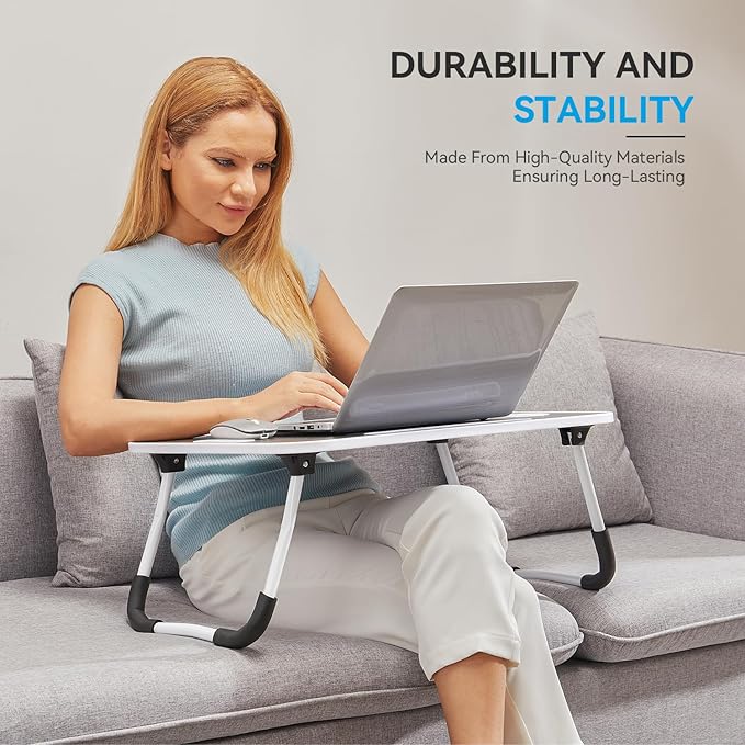 BUYIFY Foldable Lap Desk for Laptop & Writing - 23 inch Bed Tray Table with Cup Holder & Tablet Slot - Portable Notebook Stand for Eating, Sofa, Couch & WFH Students (Black)