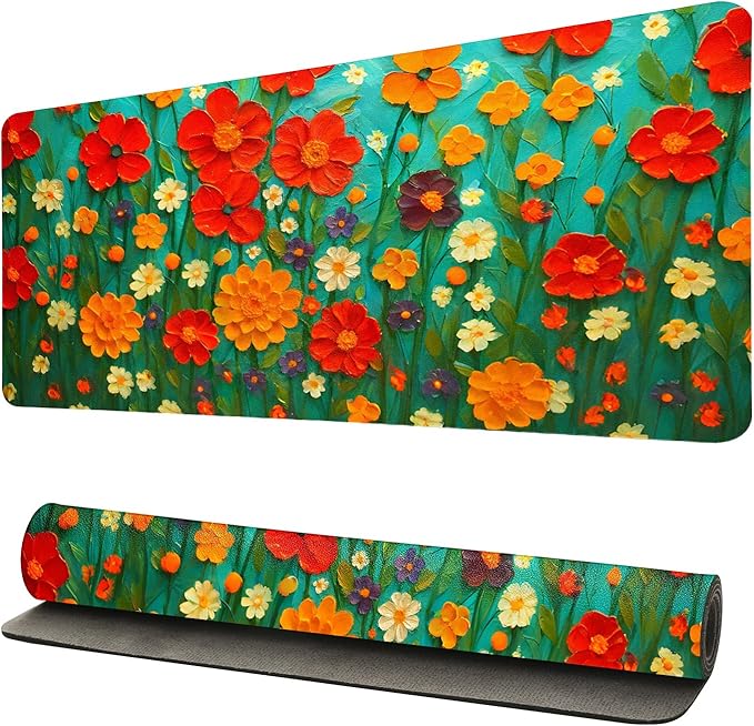 Oil Painting Flowers Desk Mat for Women, Large PU Leather Desk Pad with Non-Slip Base, Aesthetic Office Keyboard Cover for Gaming & Home Work, Artistic Desk Decor (23.6x11.8 Inch)