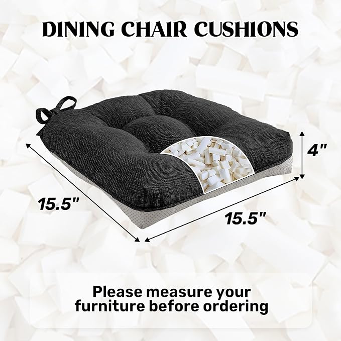 puredown® Chair Cushions for Dining Chairs, Tufted Memory Foam Chair Pads with Non-Slip Backing, Kitchen Seat Cushions with Ties, Washable Seat Pad Set of 4, 15.5" x 15.5" x 4", Black