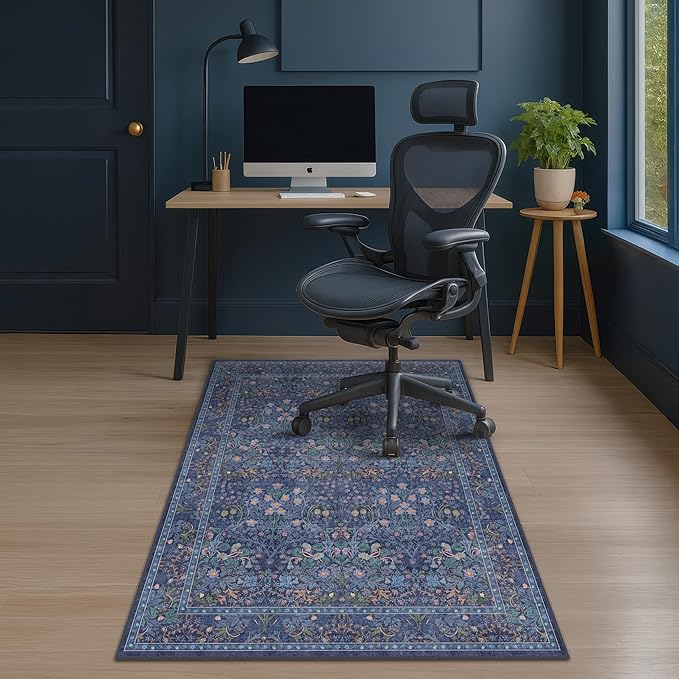 Dark Blue Office Chair Mat for Hardwood Floors, Tile Floor Protector for Heavy Duty Office Chairs, Under Desk Carpet with Anti-Slip & Stain Resistant, Ultra Soft Low Pile Washable Area Rug, 4x5
