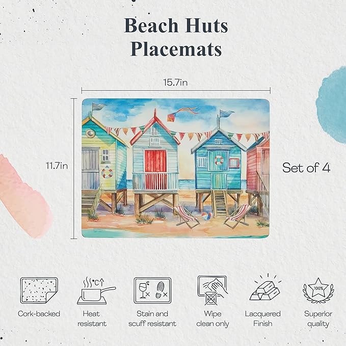 Pimpernel Beach Huts Placemats, Set of 4 - Durable Table Mats with Cork Back, Heat & Stain Resistant for Dining, Kitchen, Entertaining & Coastal Summer Style & Table Décor (12" x 16")