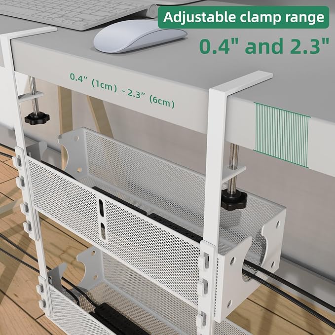 Multi-Model Under Desk Cable Management 2 Pack Metal Under Desk Wire Management Tray Clamp Mount Under Table Cord Management No Damage The Desk（White）