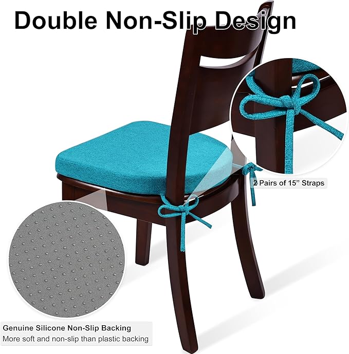 Shinnwa Kitchen Chair Cushions Set of 2, Non-Slip Dining Chair Cushions with Ties and Machine Washable Cover, 2 Pack, 17 x 16.5 x 2in, Teal