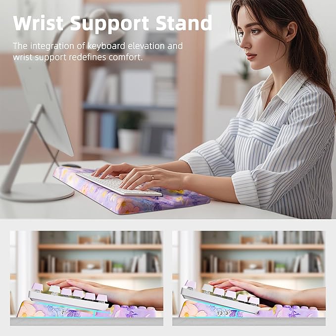 Ospelelf Keyboard Wrist Rest, Ergonomic Memory Foam Wrist Support for Typing & Gaming, Tilted Keyboard Stand Pad, Relief for Wrist Pain, Aesthetic Desk Accessories for Office, Purple Flower