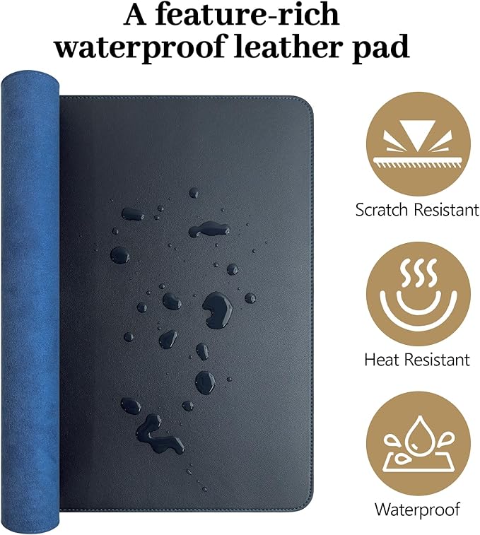 Dark Blue Leather Desk Mat Large Mouse Pad, Waterproof Desk Pad for Keyboard and Mouse, Non-Slip Computer Desk Protector, Smooth Mouse Movement Desk Mat for Home and Office(31.5"×15.7")