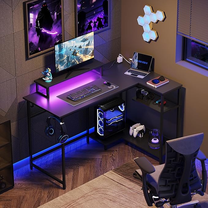 DEVAISE 47" L Shaped Gaming Desk with LED Lights and Power Outlets - Spacious Corner Computer Table with Monitor Stand and Storage Shelves for Work and Gaming, Black