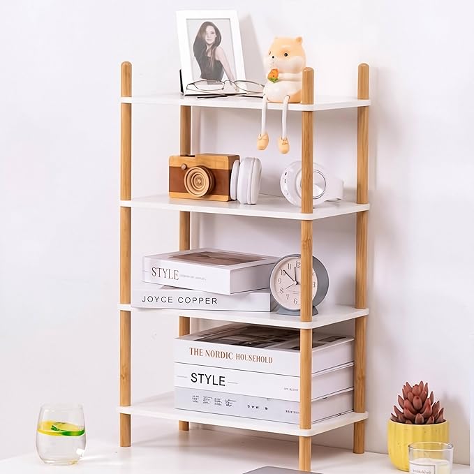 4-Tier Expandable Bamboo Desktop Organizer Shelf Kitchen Cabinet and Counter Riser Display Shelf for Top of Desk Home Office Bathroom Coffee Table Display Stand,White