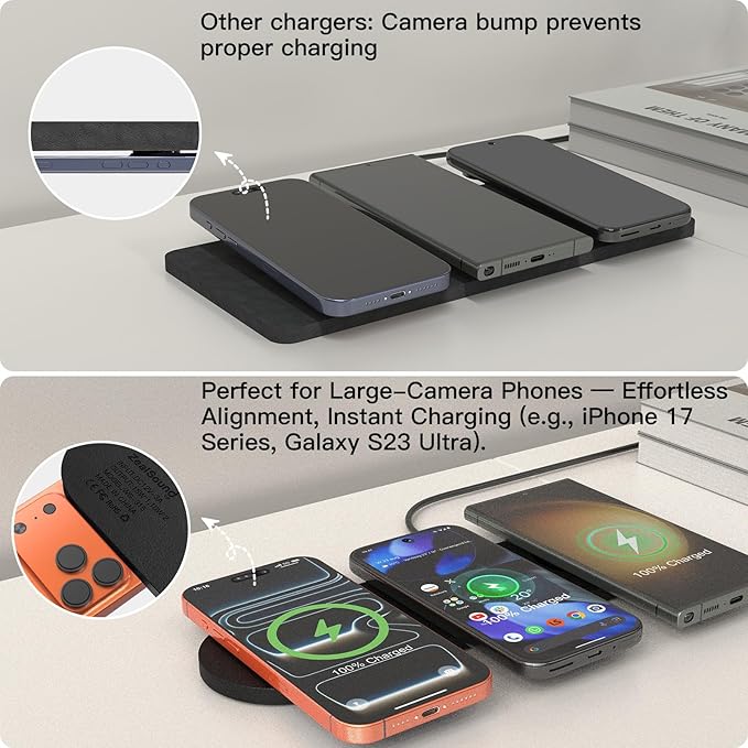 ZealSound 3-in-1 Wireless Charging Pad, Fast Charger Mat with 36W Adapter for iPhone 17/16/15, Samsung Galaxy, Pixel, AirPods & Galaxy Buds, Ultra Slim Case Friendly PU Leather for Home Office Travel