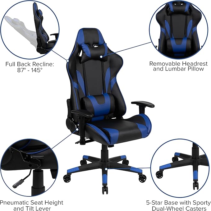 EMMA + OLIVER Black/Blue Gaming Desk Bundle - Cup/Headset Holder/Mouse Pad Top