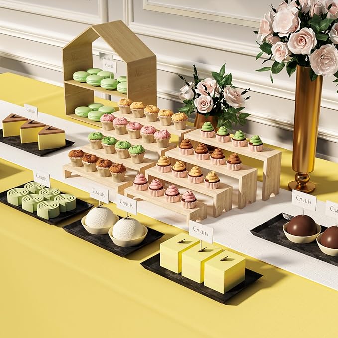 4 Tier Large Display Wooden Riser Stand 2 Set Decorative Rectangular Wood Racks 8 Pieces Stackable Perfume Organizer Cologne Stand Wood Dessert Table Display Set for Vendor Events (Wood color, 8PCS)