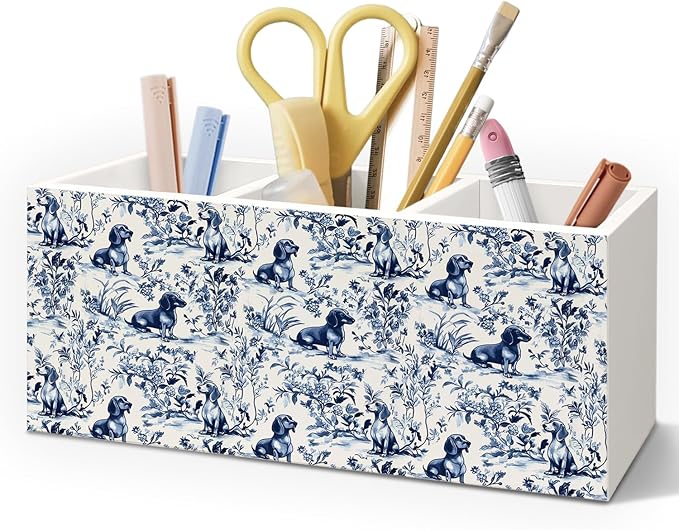 Chinoiserie Dachshund Pen Pencil Holder for Desk, Dachshund Lovers Gifts, Blue and White Wiener Dog Floral Botanical Decorative Sign for Home Office Desk Tabletop Decor