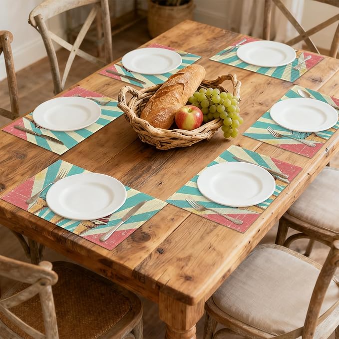 Vintage Ice Cream Table Placemats Set of 6, Linen Placemats 12x18 Inch, Washable Non Slip Heat Resistant Mats for Dining Table Kitchen Indoor Use