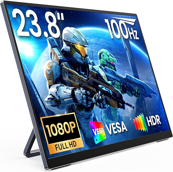 MNN 23.8'' Portable Monitor 100Hz 1080P IPS, Ultra Slim Metal Body with Built-in Kickstand & Dual Speakers, USB-C HDMI External Display for Laptop PC Phone PS5 Xbox Switch, Home Office Gaming Monitor