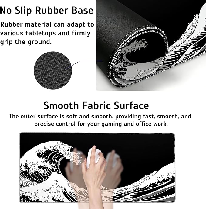 Dark Wave Mouse Pad,35.4 x 15.7 Inch Large Mouse Mat Non-Slip Rubber Stitched Edges for Writing Desk,Office,Home,Laptop