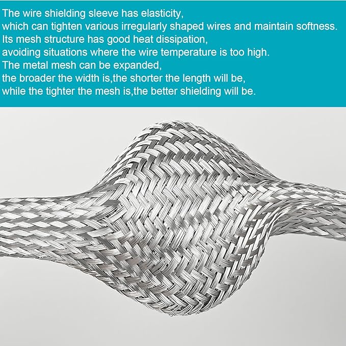 Tinned Copper Braided Cable Shielding Sleeve Metal Wire Loom Sheathing EMI RFI ESD Protector Grounding Mesh Flat Tubular Expandable 5/16" W(0.20" ID)-20FT