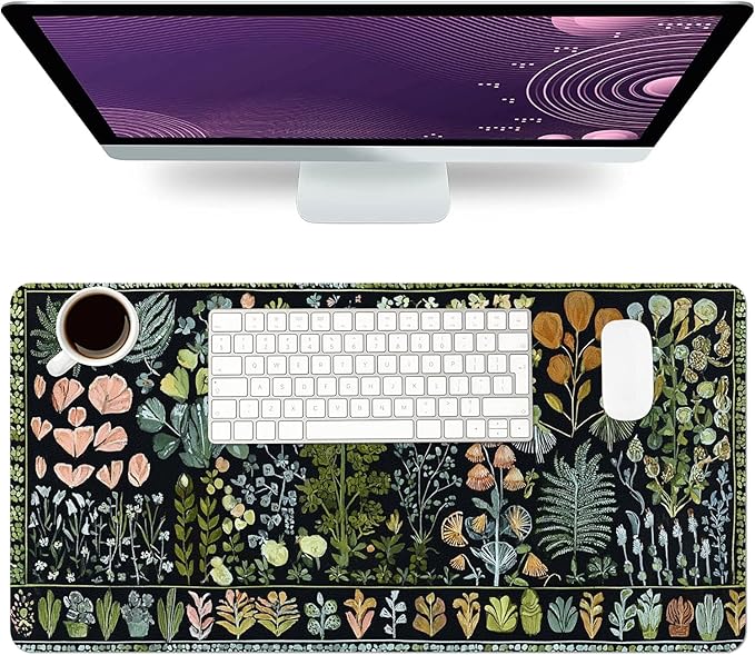 Desk Mat Large Mouse Pad, Non-Slip PU Leather Gaming Mousepad Keyboard Mouse Mats Desk Pads 31.5"x15.7" for Work Office Decor Gifts Black Plants
