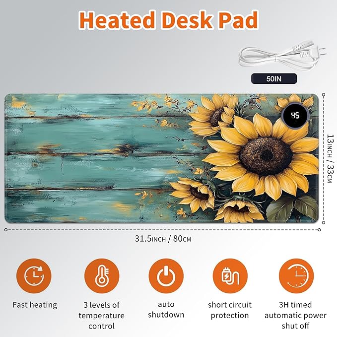 Heated Mouse Pad,Warm Desk Pad with 3 Levels Heating & 3 Hours Auto Shut-Off, PU Leather Heated Desk Pad Warmer Pad for Home Office - 31.5 x 13 inch,Sunflower Blue Wood Grain