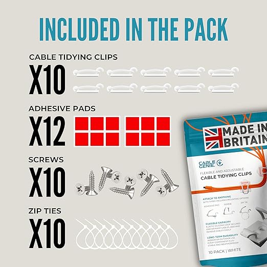 [Made in the UK] 10-Pack Adjustable Elastic Self-Adhesive Cable Tidy Clips, Cable Management Organiser for Office, Home, Under Desk, Behind TV, Charging Phone, Laptop, PC, HDMI, USB (WHITE)
