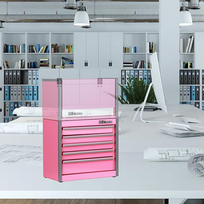 P.I.T. Mini Tool Box 8.6"W X 4.6"D, Portable 5-Drawer Micro Steel Stackable Toolbox with Liner, Pink Cute Tool Case for Small Tools Parts Storage, Home DIY