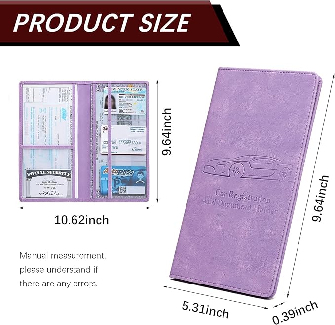 Car Registration and Insurance Card Holder for Women Men, Purple Glove Box Paperwork Organizer with Magnetic Buckle for Easy Access and Protect Documents and Various Cards in Vehicle