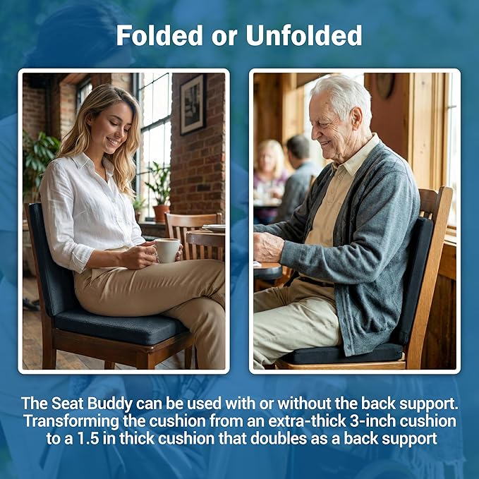 Skil-Care Seat Buddy Portable Seat Cushion, Foldable Chair Cushions with Non-Slip Bottom for Office Chair, Recliner Chair, Stadium Seats, Wheelchair, Travel, 16"x16", Polyester Black, 914351