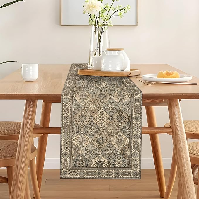 Boho Floral Grey Table Runner,Vintage Elegant Farmhouse Table Center Linen Decor,Country Rustic Farmhouse Magical Fall Kitchen Dining Table Decoration for Home Dining Party Decor 13x48 Inch