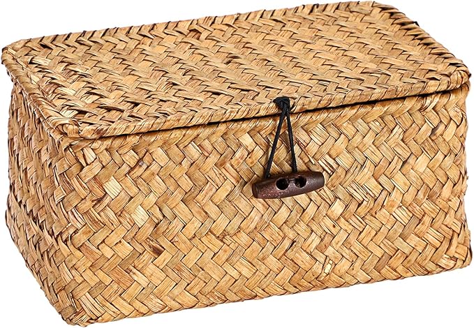 Hipiwe Mini Seagrass Basket with Lid Decorative Shelf Basket Box Multipurpose Desktop Organizer, Caramel 7.0" x 4.3" x 3.3"