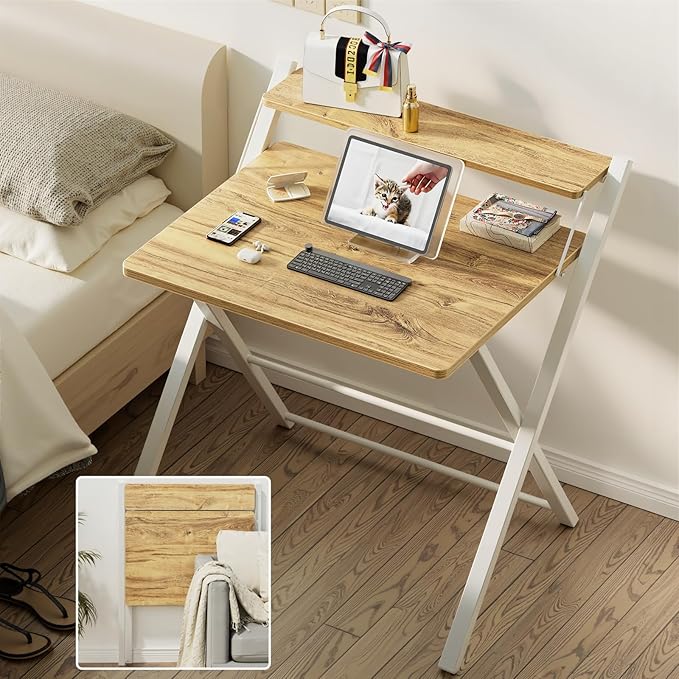 GreenForest No Assembly Folding Desk, 2-Tier Compact Computer Desk with Shelf, 30 inch Space Saving Foldable Table for Home Office, Dorm or Apartment, Portable Collapsible Sturdy Laptop Desk, Oak