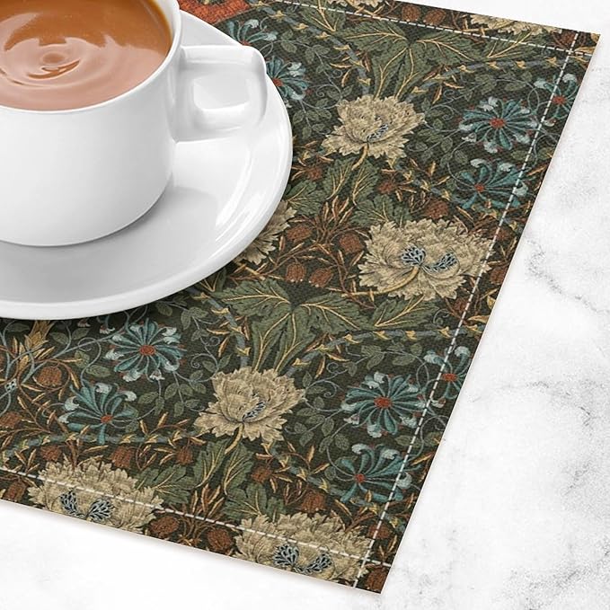 William Morris Floral Placemats Vintage Flower Art Style Boho Chic Retro Floral Linen Washable Table Mats Stain Heat-Resistant Desktop Decor Place Mats for Home Kitchen Dining Party 12x18 in 6 Pcs