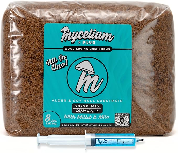 Mycelium Mushroom Growing Kit, King Oyster Gourmet I Alder & Soy Hull Substrate I High Yield Proprietary Mix I Sterile Grow Bag with 20ml Liquid Culture Syringe for Starter & Pro Home Growers, 8lbs