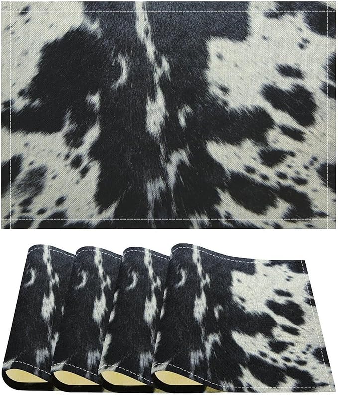 Cow Fur Placemats Farmhouse Western Farm Animal Skin Black White Cowhide Print Linen Washable Table Mats Stain Heat-Resistant Desktop Decor Place Mats for Home Kitchen Dining Party 12x18 in 6 Pcs