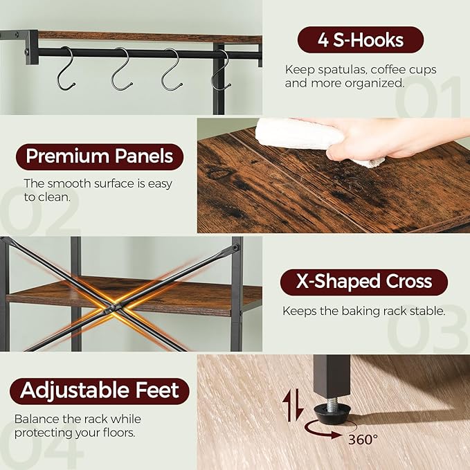MAHANCRIS Bakers Rack with Drawer, Microwave Stand with Power Outlet, Coffee Bar Station with 4 Hooks, Kitchen Storage Shelf Rack 4 Tiers, for Kitchen, Dining Room, Rustic Brown and Black BRHR48E01