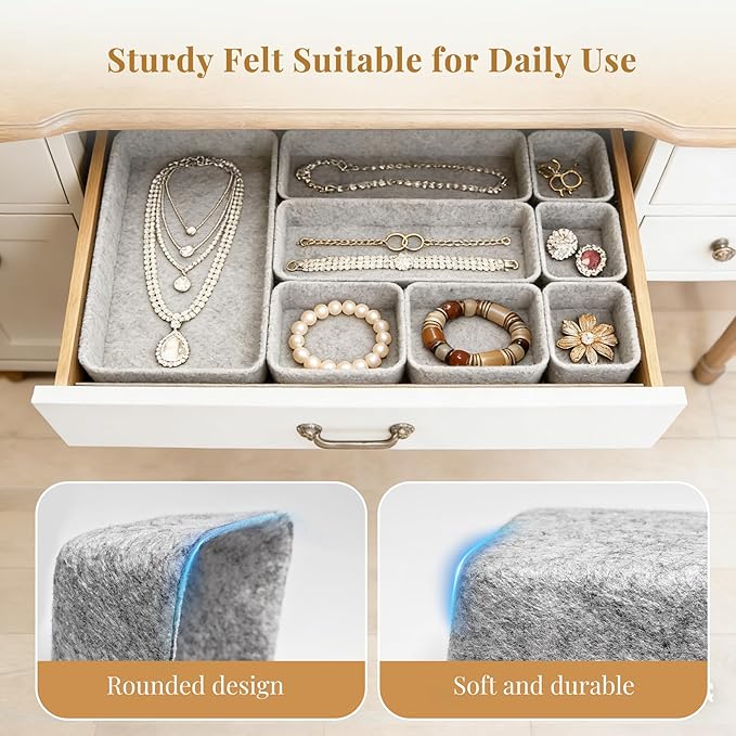8pcs Felt Desk Drawer Organizer Tray, 4 Sizes Drawer Organizers Set for Office Supplies, Jewelry, Makeup, Cosmetics, Desk & Drawer Storage (Light Gray)