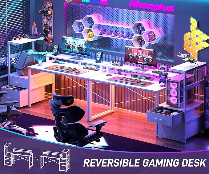 Aheaplus Gaming Desk with LED Strip & Power Outlet, 59Inch Reversible Computer Desk with Monitor Stand & Storage Shelves, Home Office Desks with Fabric File Drawer, Gamer Table PC Desk, White