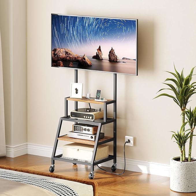 MAHANCRIS Rolling TV Stand with Mount, Corner TV Console with Wheels Up to 50 Inches, Entertainment Center with Storage, Small TV Stand with Power Outlet for Living Room, Rustic Brown TVHR117E01