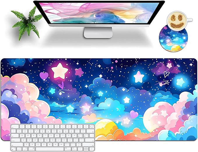 Extended Mouse Pad with Coaster 31.5 x 11.8 Desk Pad Full Desk Mousepad Stitched Edges Desk Mat Long Large Gaming Mouse Pad for Desk Office Home Rainbow Star