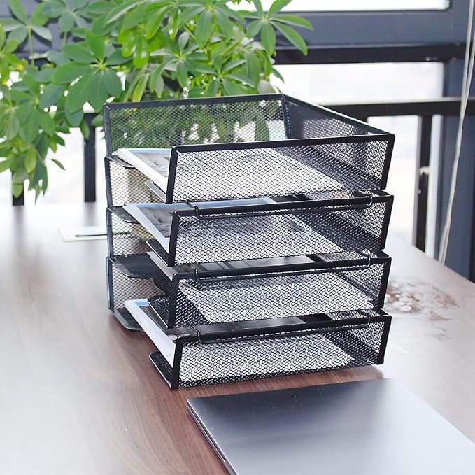 SETTFRFE 4 Tier Metal Mesh Desk Organizer-Stackable Paper Tray for Home, Office,School,Black File Storage System with Reinforced Edges