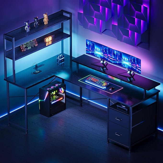 Maihail L Shaped Gaming Desk with Shelves,Reversible Computer Gaming Desk with LED Lights and Charging Station,Home Office Corner Desk with Monitor Stand,Black