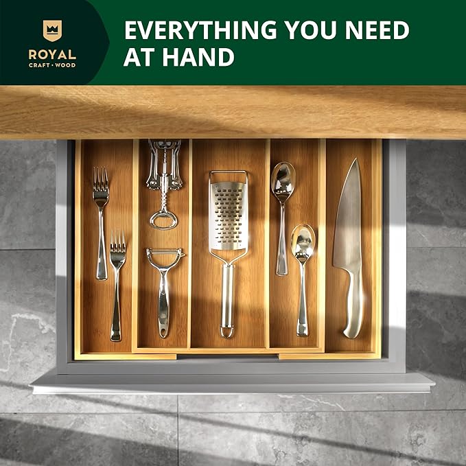 Luxury Bamboo Kitchen Drawer Organizer - Silverware Organizer - Utensil Holder and Cutlery Tray with Grooved Drawer Dividers for Flatware and Kitchen Utensils (5 Slot, Natural)